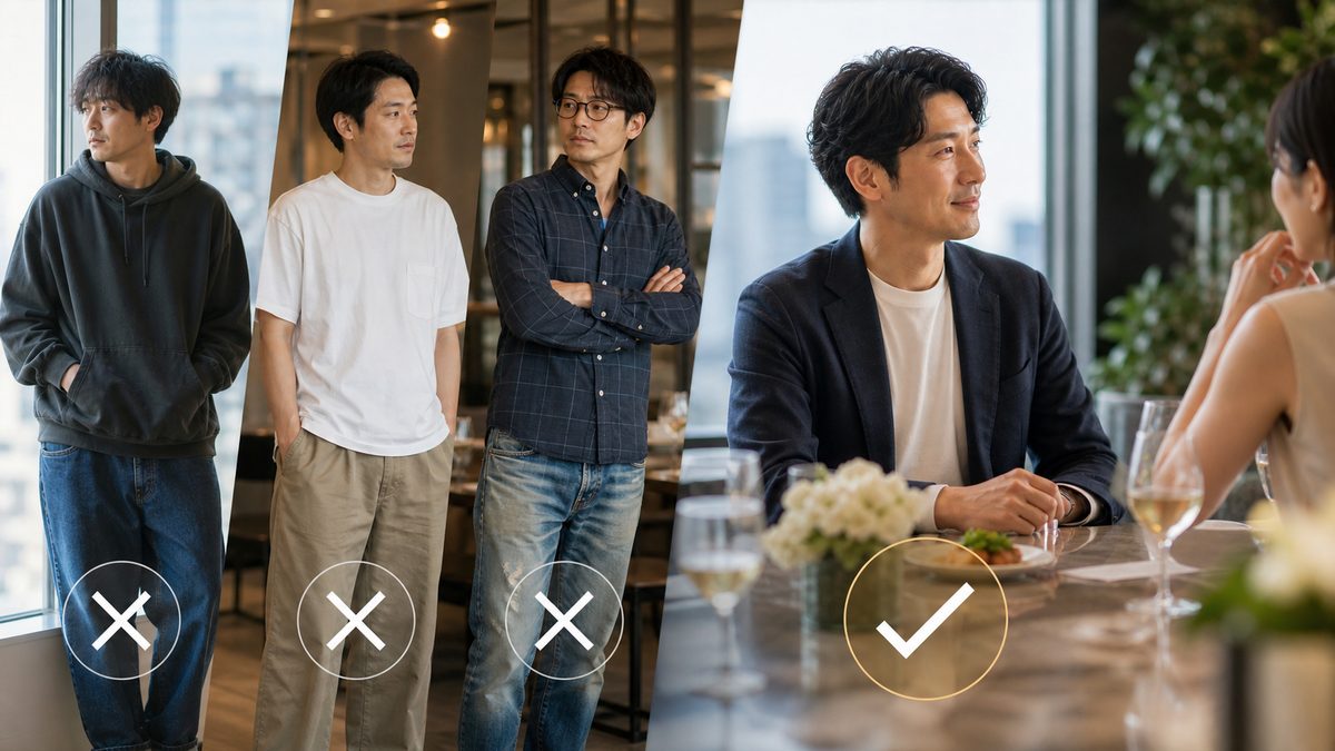 パーティーパーティー写真審査に落ちる男性の服装NG例と通過する撮り方