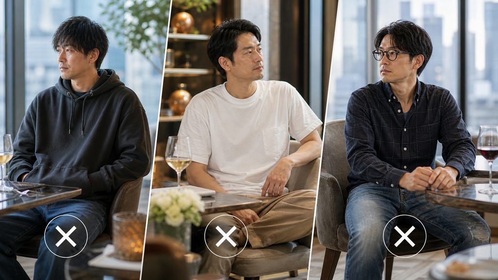 パーティーパーティーの写真審査で「落ちる」男性の服装NG例のイメージ